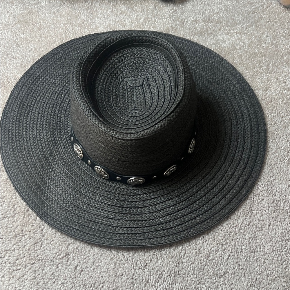 Black Wide-Brimmed Hat with Silver Accents